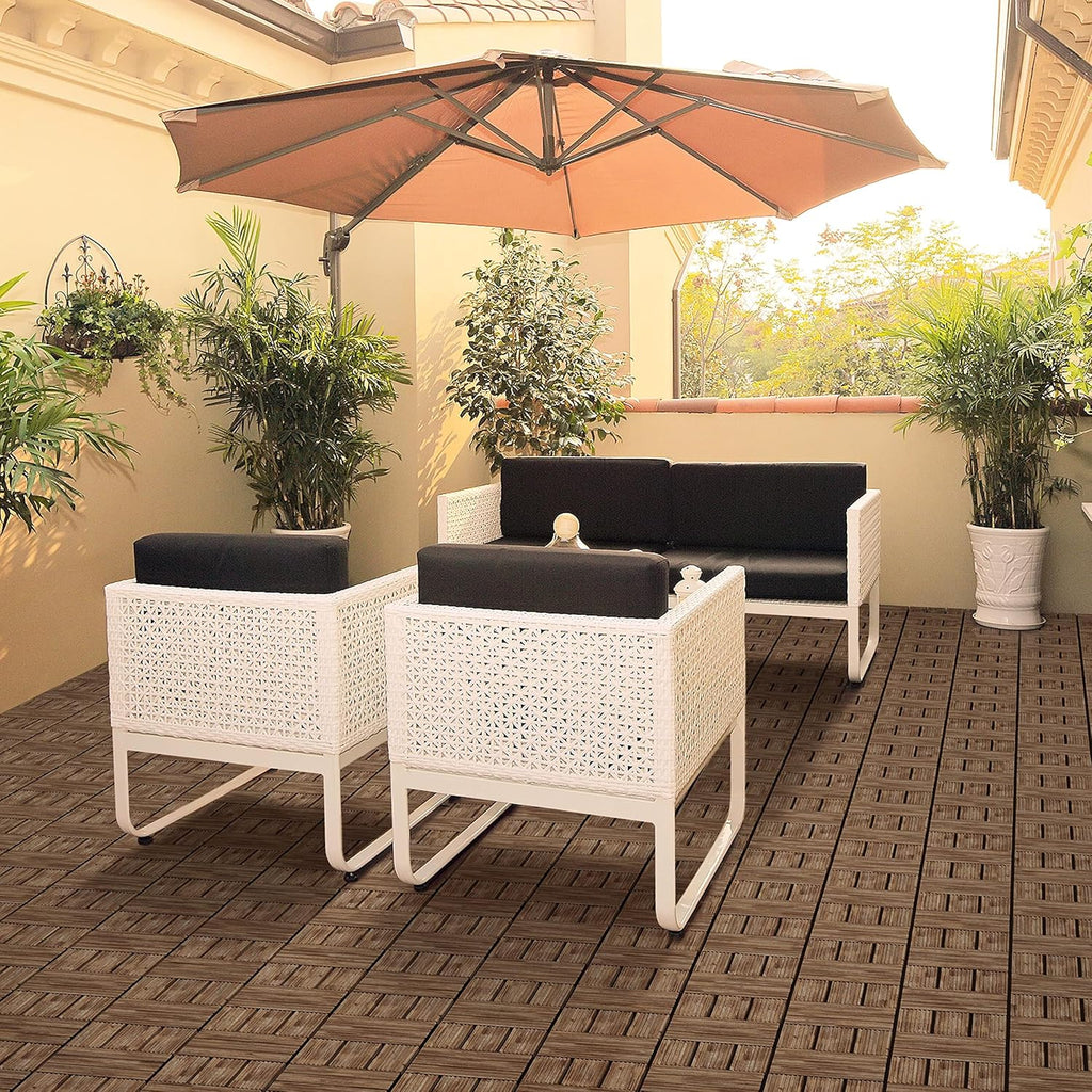 27PCS Wooden Decking Tiles 12 x 12in Hardwood Interlocking Patio Deck Tiles Composite Balcony Floor Covering for