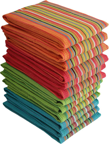 Salsa Stripe Kitchen Dish Towels, 100% Cotton, Highly Absorbent, Multi Purpose Waffle Tea Towels for Cooking, Drying
