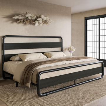 King Metal Bed Frame with Wooden Headboard and Footboard, Heavy Duty Platform Bed Frame with 10" Under-Bed Storage