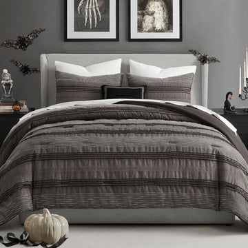 Wonderful Dark Grey Comforter Set, Yarn Dyed Farmhouse Striped Cotton Lightweight Boho Comforter with Pillow