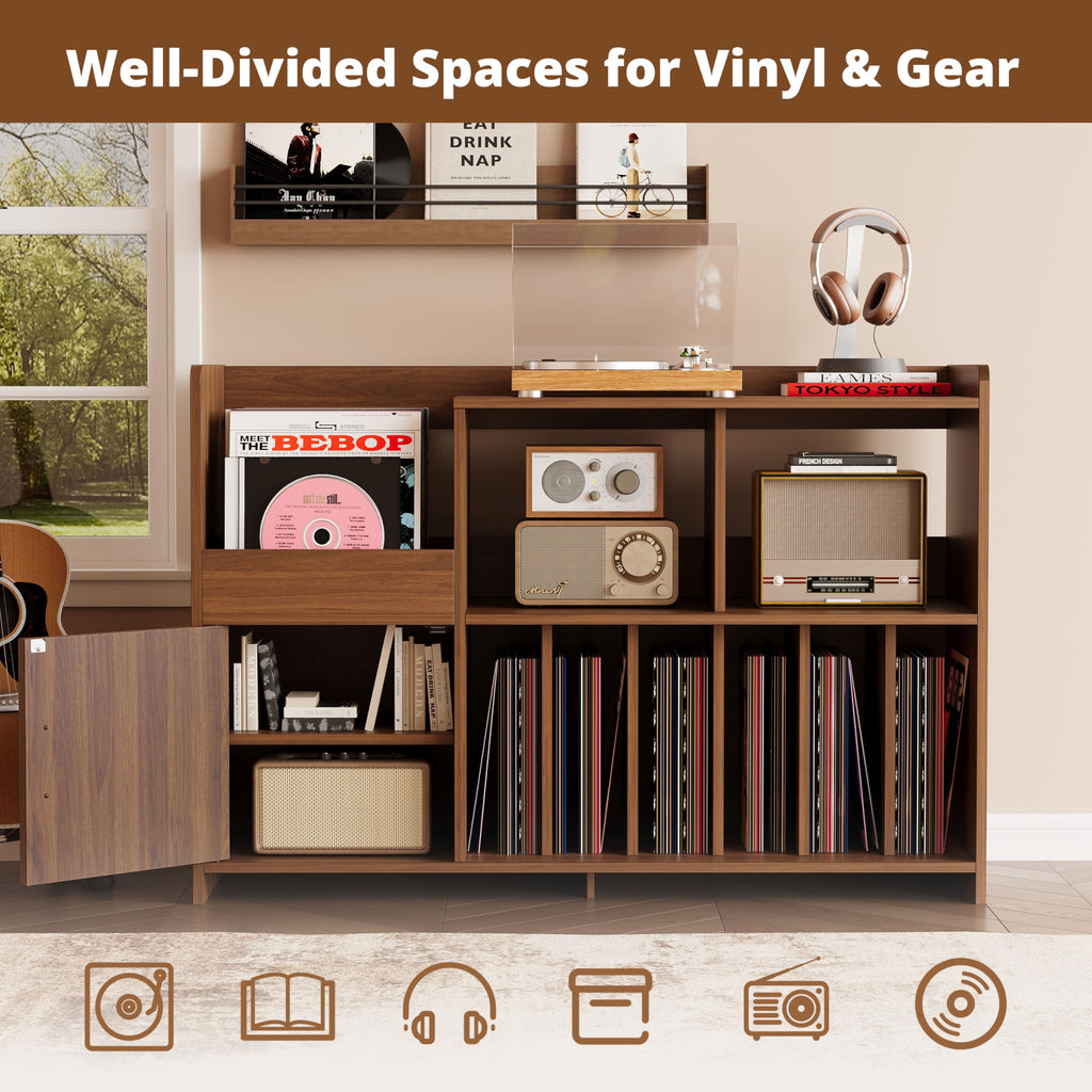 48" Mid-Century Modern Record Player Stand with Door, Walnut