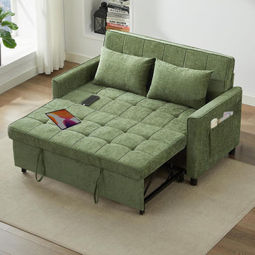 57" Chenille Convertible Sofa Bed, Full Size Loveseat Sleeper Sofa with USB & Type-C Port, Adjustable Backrest