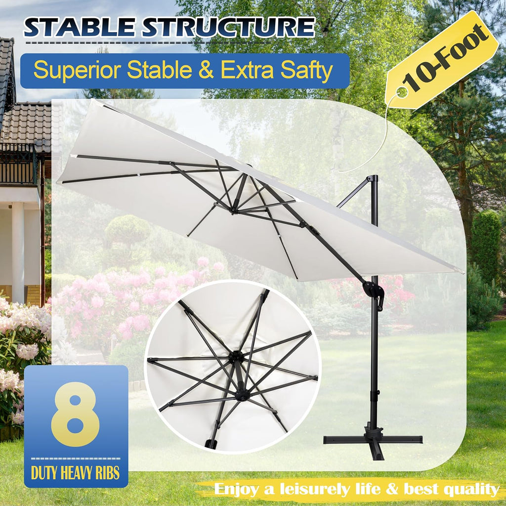 10x10Ft Cantilever Patio Umbrella Square 360° Rotation & Integrated Tilting System Offset Umbrella with 8 Sturdy Ribs