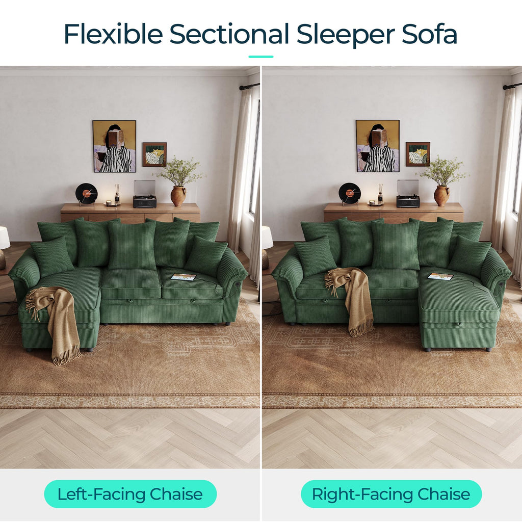 Sectional Couch with Pull Out Bed, Large Corduroy Modular Sleeper Sofa, Storage Chaise, Wide Armrest, 90" 3 Seats