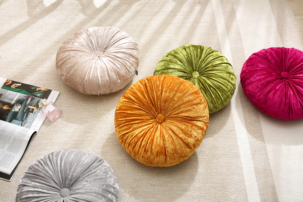 Pack 2:Round Floor Cushions Pillow, Solid Color Velvet Meditation Cushion Pumpkin Pleated Meditation Pillow Sofa Bed