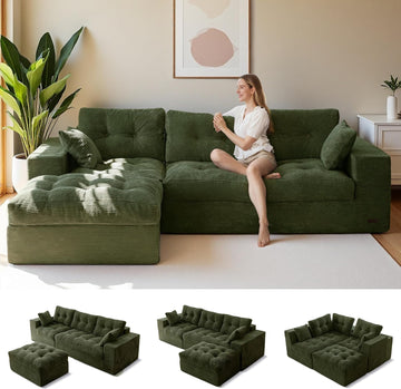 96" L Shaped Modular Sectional Sofa with Ottoman, Cloud Boneless Couch with Layered Cushion, Upholstered Sofa in a