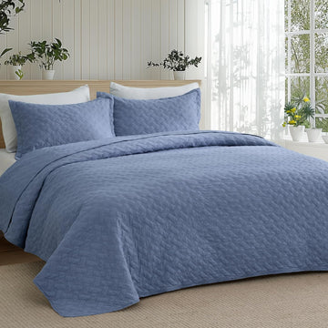 Quilts - Lightweight Bedspreads with Basket Weave Pattern, Soft Quilt Bedding Set, Mineral Blue Comforter