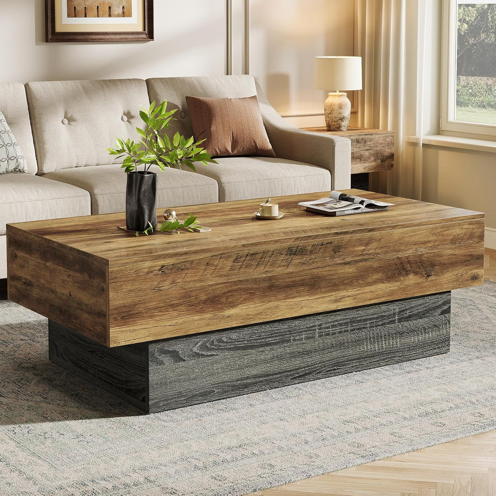 55-Inch Farmhouse Wood Coffee Table, Rustic Large Rectangle Tea Table, Vintage Center Table Reception