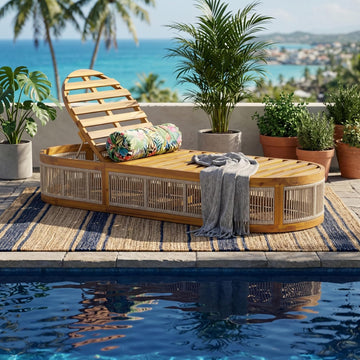 Chaise Lounge Chair Outdoor with Rope Accent, Slatted Design Acacia Wood Poolside Sun Lounger, 3-Position