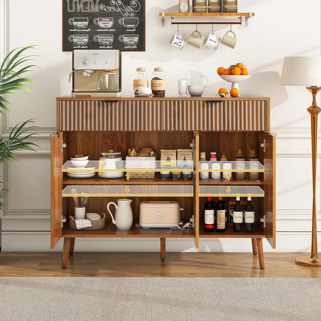 Fluted Sideboard Buffet Cabinet with Storage,2 Drawers and 3 Doors,Wood Coffee Bar Cabinet with Solid Wood Feet