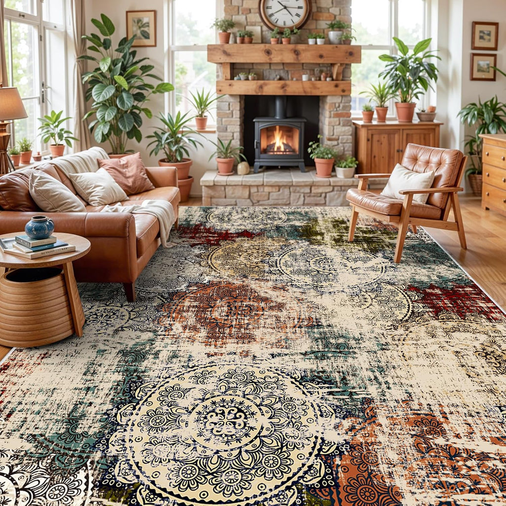 10x14 Living Room Area Rug: Soft Red Modern Abstract Large Rugs Non-Slip