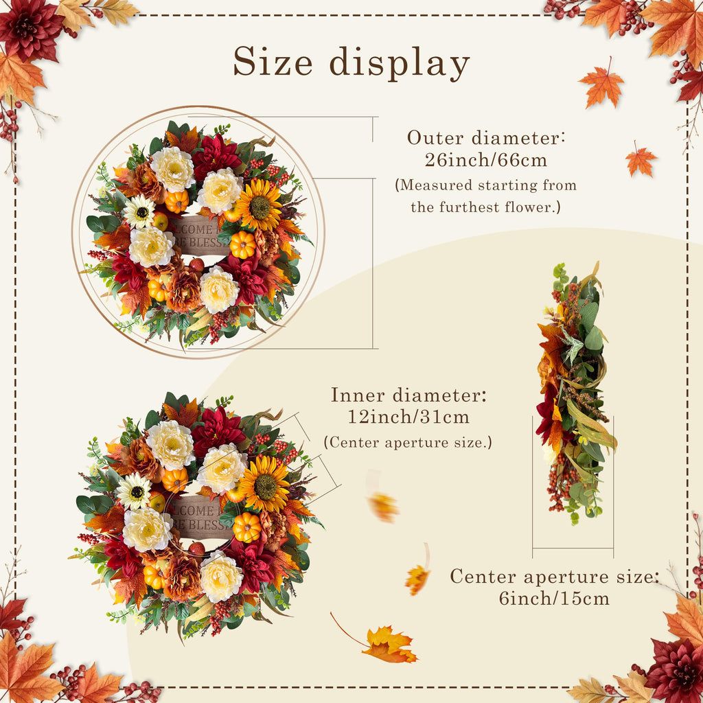 26'' Fall Wreath for Front Door with Light and Timer, Thanksgiving
