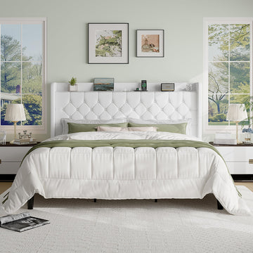 King Size Platform Bed Frame with Charging Station, Velvet Wingback Headboard with Storage Shelf, Wooden Slats