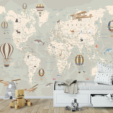 Kids World Map Wallpaper with Animals-Peel and Stick Educational Decals-Nursery Murals for Baby, Toddlers, Boys, Kids