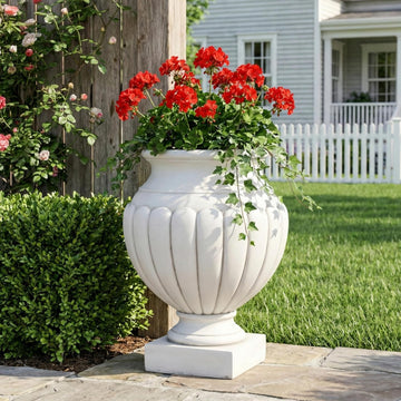 23.03" H Classical Scalloped Pedestal Urn Planter - Weather-Resistant MGO Outdoor Flower Pot for Garden, Patio &