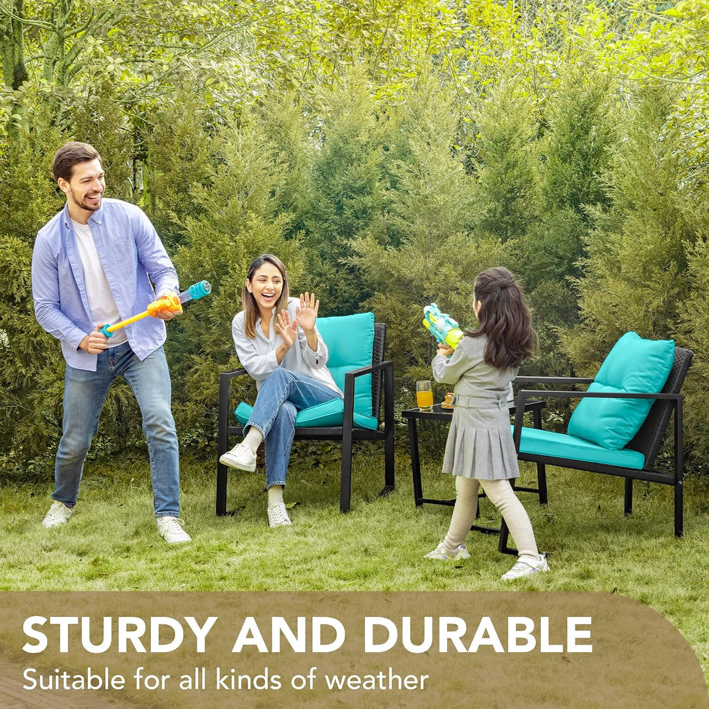3 Pieces Patio Furniture Set Wicker Outdoor Rocking Chair, Blue | PE Rattan Patio Conversation Sets, Bistro Sets of 2