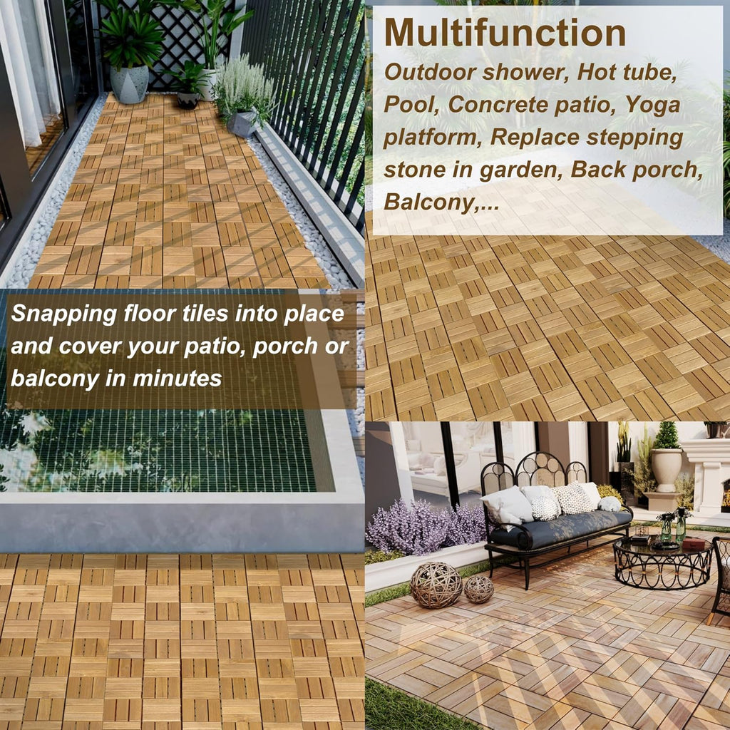 12" x 12" Square Wood Interlocking Flooring Tiles, Pack of 10 Tiles, 10 PCS Interlocking Deck Tiles, Acacia Hardwood
