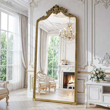 76"x34"Arched Full Length Floor Mirror, Gold Traditional Ornate Antique Carved Garland Frame Body Hanging