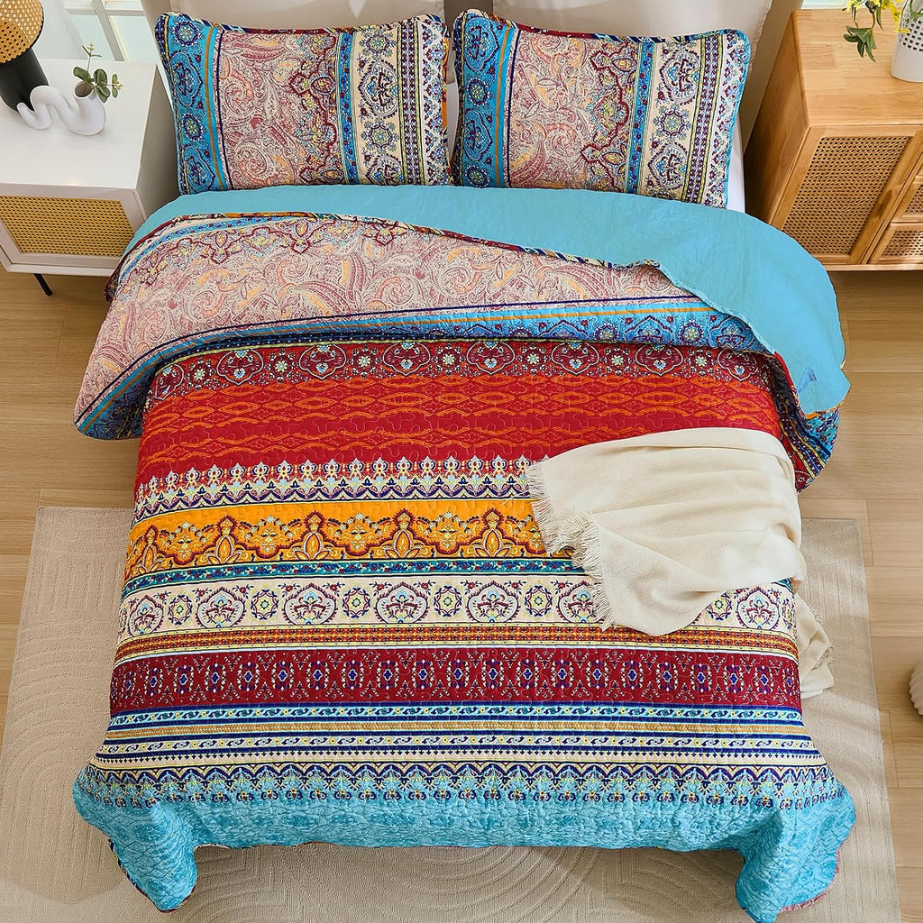 Bohemian Quilt Set, Boho Striped Pattern Quilts Bedspread Set for All Season, Soft Microfiber Bedding Coverlet
