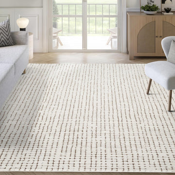 Cream & Brown Area Rug - Oliver Collection - Textured Checkered Pattern - Non-Shedding, Easy to Clean