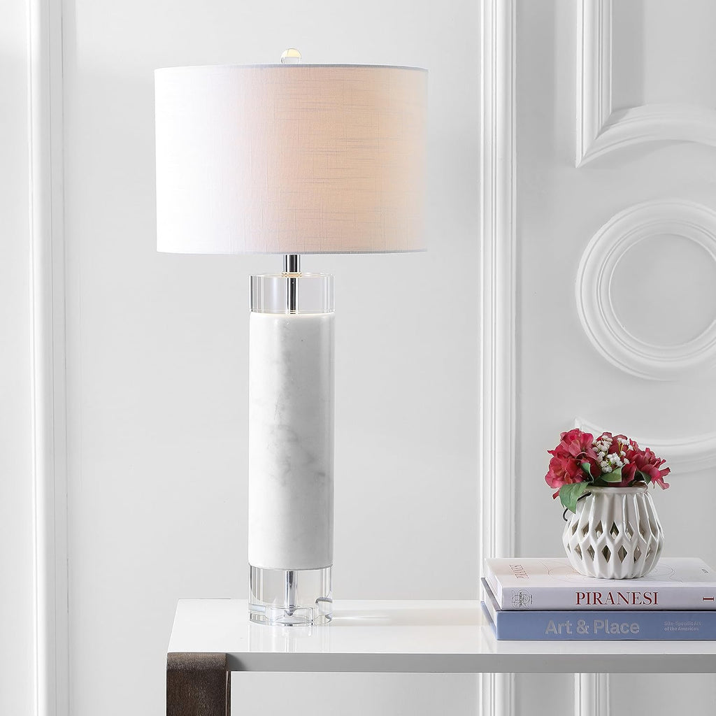 32" White Marble and Crystal LED Table Lamp, Modern Contemporary Cylindrical Column Bedside Lamp Bedroom