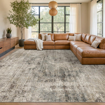 Farmhouse 8x10 Washable Area Rugs, Neutral Taupe Brown Abstract Rug, Soft Foldable Low Pile Carpet, Stain Resistant