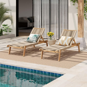 Set of 2 Outdoor Patio Wood Adjustable Chaise Lounges with Rope Seating, Rope Chaise Lounge with Acacia Wood Frame