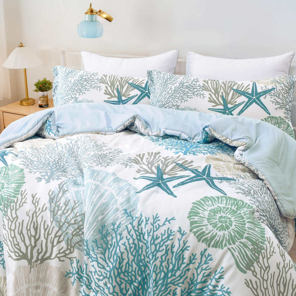 Coastal Comforter Set Queen Size 3 Piece, Soft Beach Themed Comforter, Ocean Nautical Lightweight Bedding Sets for