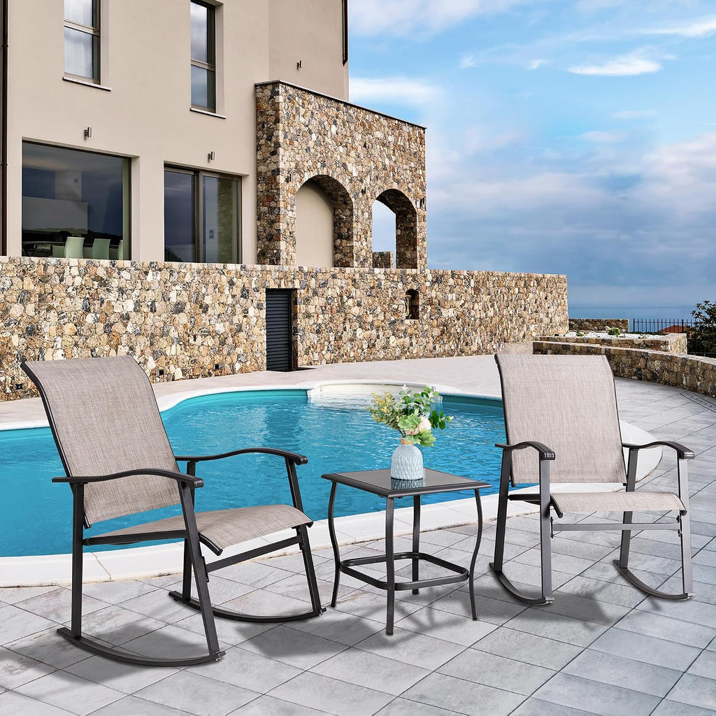 3 Piece Outdoor Rocking Bistro Set, Textilene Fabric Small Patio Furniture Set, Front Porch Rocker Chairs