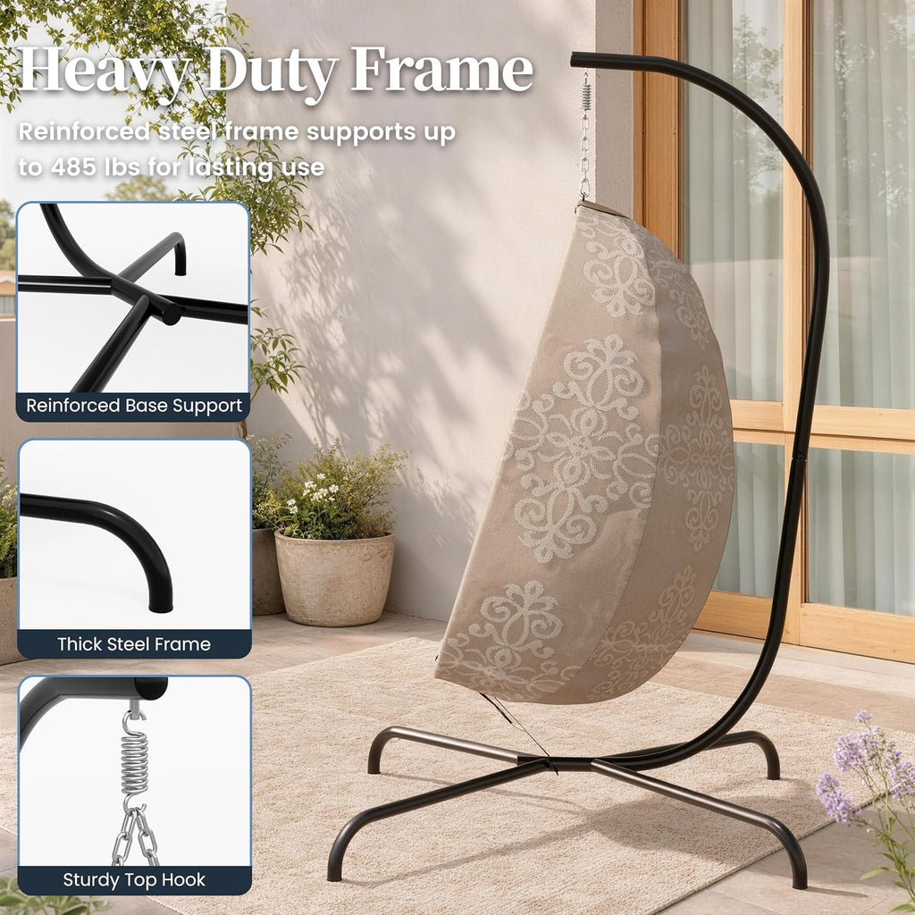 Hanging Egg Chair with Stand Indoor Outdoor, Foldable Outdoor Egg Swing Chair with Cushion, 485LBS Capacity Textilene