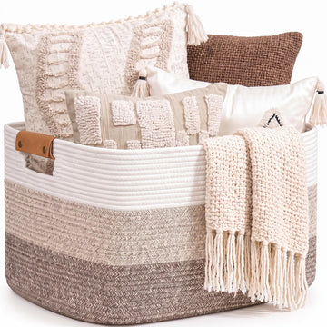 Blanket Basket, 72L Woven Storage basket with Leather Handle, Eco-friendly Decorative Storage Organization for Towels