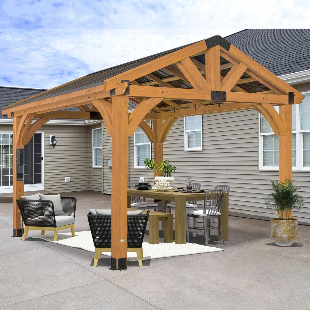 12' x 12' Cedar Wood Outdoor Gazebo Pavilion with Hardtop Galvanized Steel Peak Roof, Snow Support