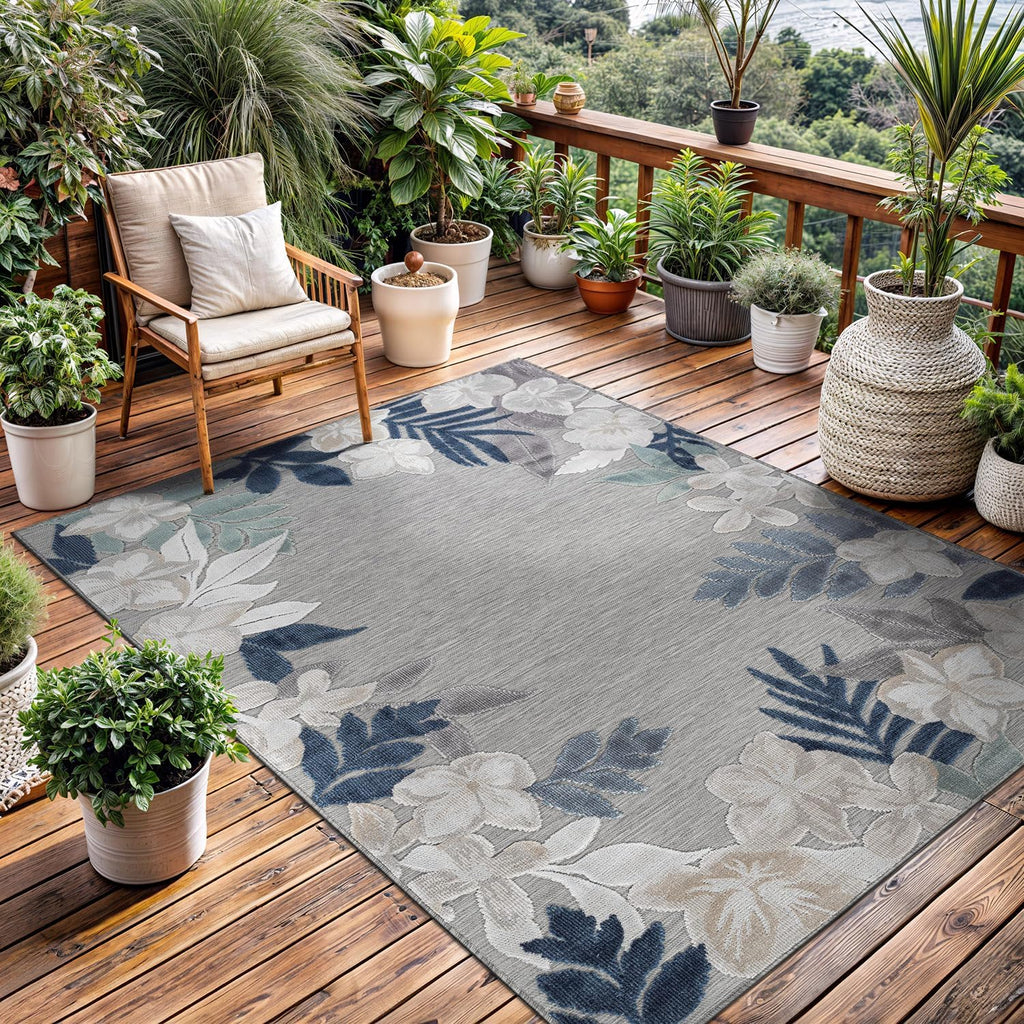 Outdoor Rug 5x7 Washable Area Rugs Indoor Outdoor Carpets Blue Border Floral Non Shedding Waterproof