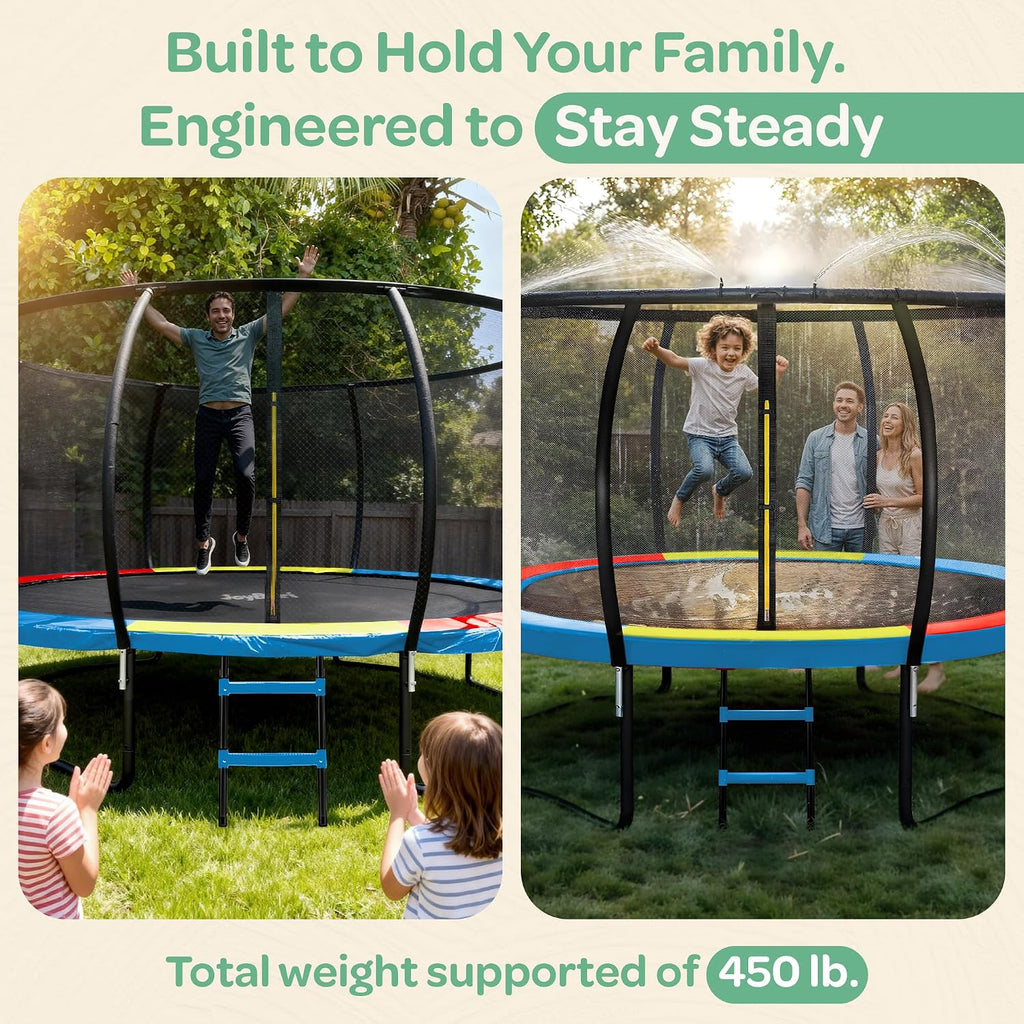 Trampoline - with LED Lights, Net, Ladder, ASTM Certified | 8Ft 10Ft 12Ft 14Ft 15Ft 16Ft, 450lb capacity, kids &