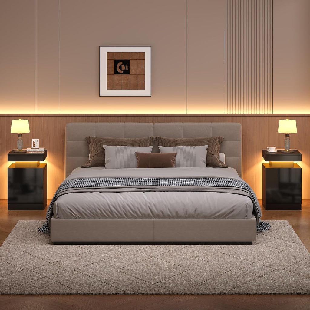 Nightstands Set 2, 15 Inches LED Night Stand Set of 2, Modern Bedside Table with LED Lights, High Gloss Surface, End