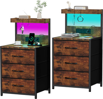 Nightstands Set of 2, End Table with LED Light and Charging Station Type C, 3 Drawers Storage Night Stand with Hooks