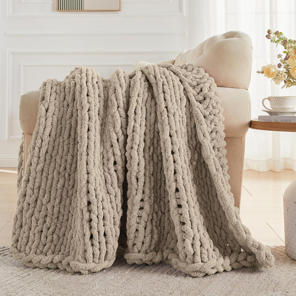 Chunky Knit Throw Blanket 50" X 60", 100% Hand Made Large Chenille Loop Yarn Soft Fluffy Throws, Big Crochet Cozy