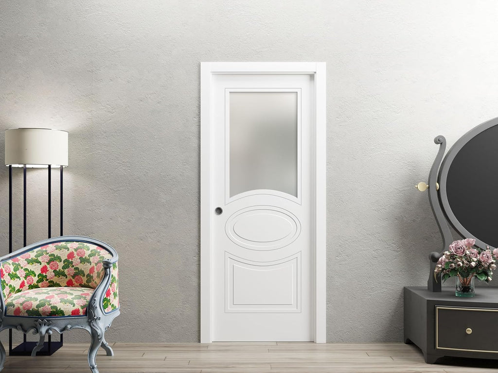 Mela 7012 | Interior French Single Pocket Door with Frosted Glass, MDF, 30x80, White, Classic Style 