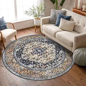 Round Rug 6 Ft Rugs Washable Circle Rug Non Slip Round Living Room Rugs Printed Faux Wool Vintage Round Dining Room