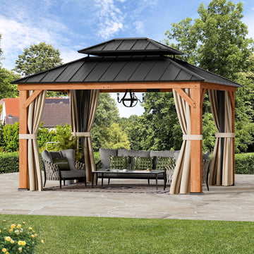Modern Shade Wood Gazebo 10' x 12', Permanent Hardtop Gazebo with Double Galvanized Steel Roof