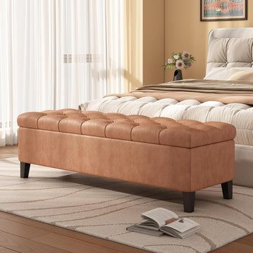 Ottilie PU Leather Storage Ottoman Bench, Wooden Rectangular Ottoman with Storage, Bedroom End of Bed Foot Stool