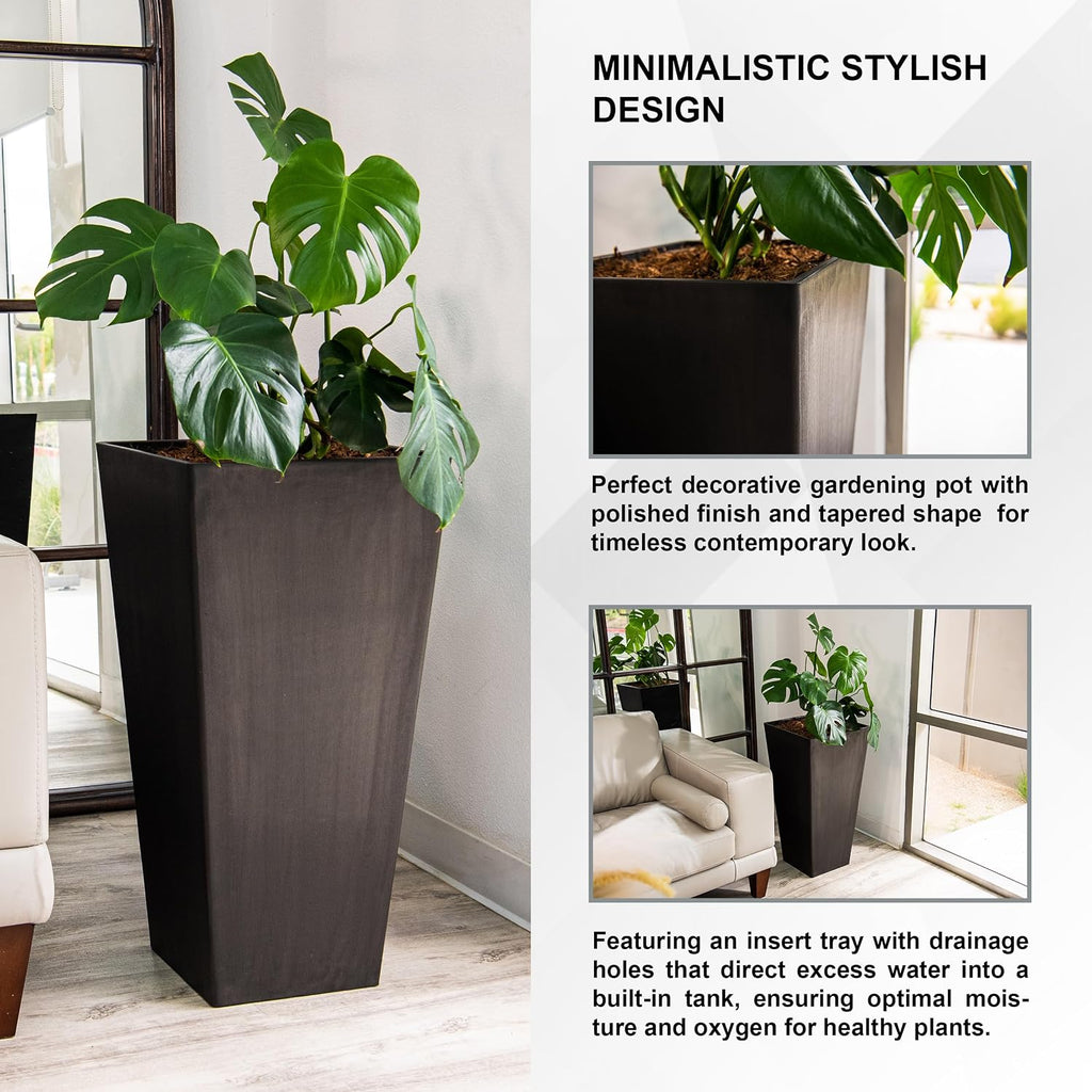Modern 30-Inch Tall Square Planter, Modern Tapered, Perfect for Indoor & Outdoor, Patio Décor, Set of 2, Black