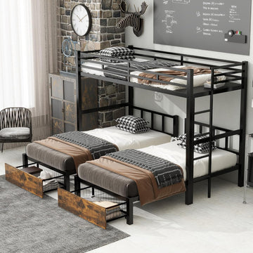 Triple Bunk Bed for Kids,Detachable TwinXL Over Twin Over Twin Metal Bunk Bed with Guardrails,Ladder & Storage,Converts to 3 Separate Beds,Easy to Assemble(3 Bunk Beds for Kids)