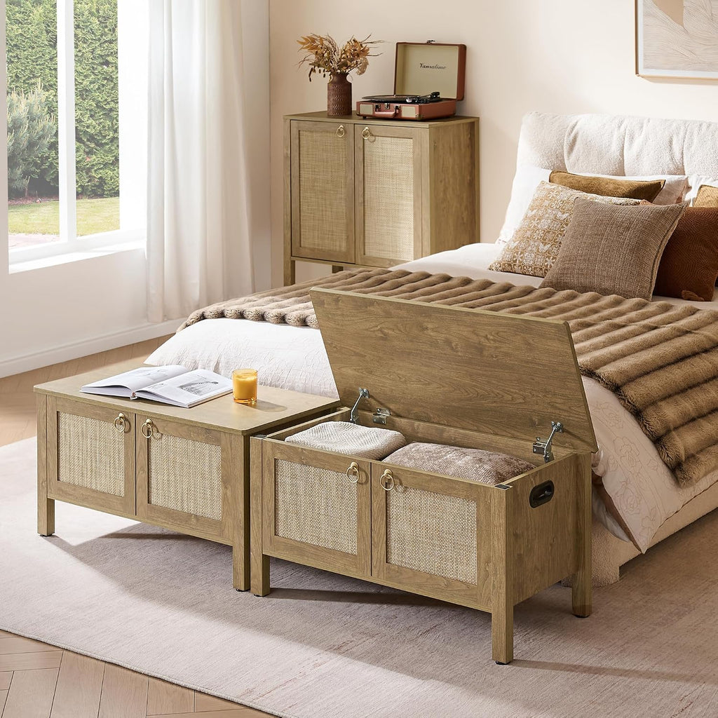 Rattan Storage Bench Boho Storage Chest with 2 Safety Hinges | Wood Storage Truck Box , Supports 220 lb