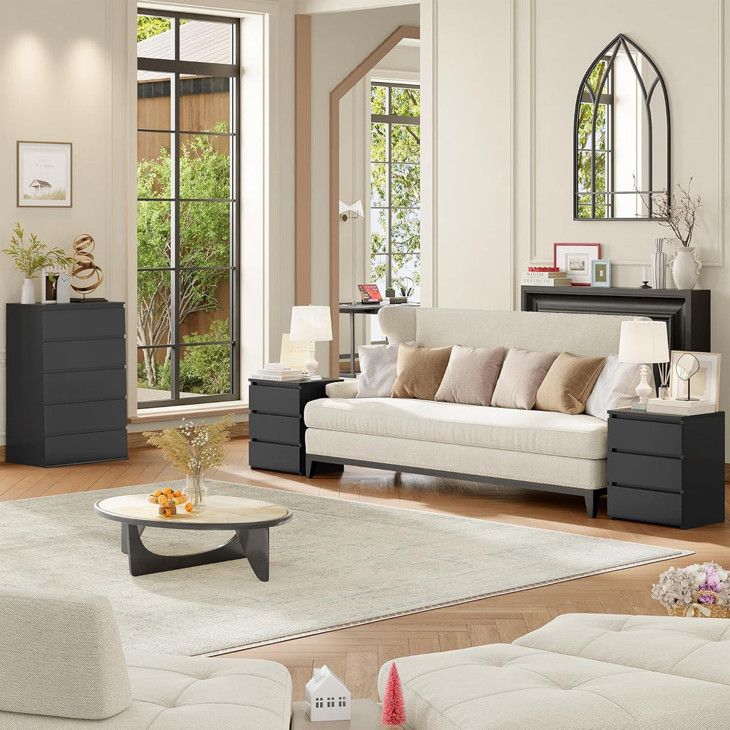Nightstands Set of 2 with 3 Drawers, Black Nightstand Bedside Table Set of 2 , 17.7W*15D*21.7H Bedroom Night Stands