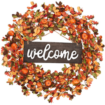 Fall Wreath 20'' Autumn Front Door Harvest with Small Pumpkin Berry Round Leaves Decorations for Outside Indoor Wall