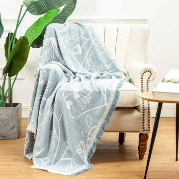 Boho Chic Decorative Throw Blanket Vintage Woodland Floral Bird Design with Tassels Soft Cotton Lightweight & Cozy