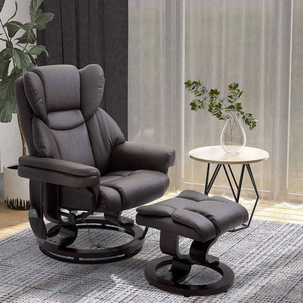 Modern Reclining Swivel Lounge Chair and Ottoman — Brown Faux Leather