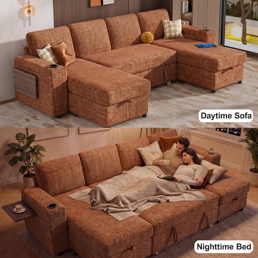 108" Modular Sectional Sleeper Sofa with Pull Out Bed, 4 Seat Chenille U Shaped Couch with USB Ports|Cup Holders|Side