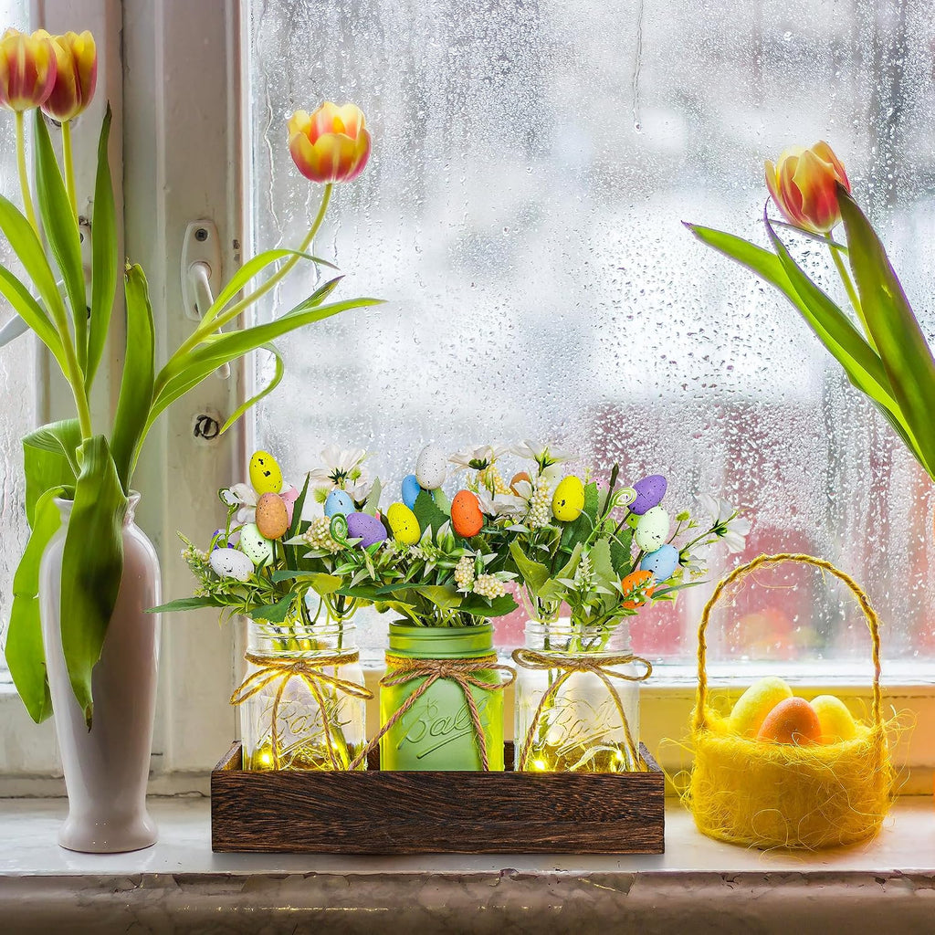 Easter Centerpiece Table Decorations for Table Runner Farmhouse Coffee Table Decor with Wood Tray and Led Light Table - Set of 3